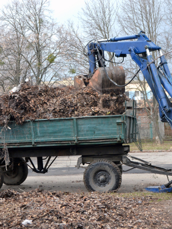 Cleaning dry branches and grass on city streets loading into truck trailer. Cleaning dry leaves tractor bucket. Old tractor bucket picks up old and dry branches and leaves and plunges it into a truck.