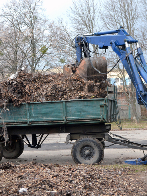 Cleaning dry branches and grass on city streets loading into truck trailer. Cleaning dry leaves tractor bucket. Old tractor bucket picks up old and dry branches and leaves and plunges it into a truck.