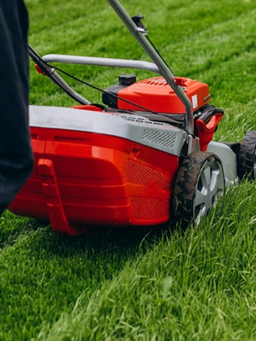Man cutting grass with lawn mover in the back yard
